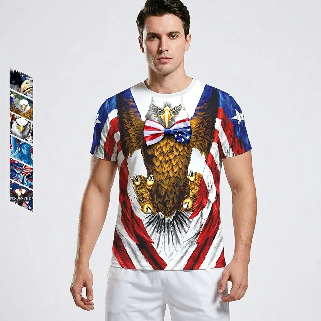 Men's Independence Day 3D Eagle Print T-Shirt American Flag Casual Short Sleeve Polyester Spandex Top