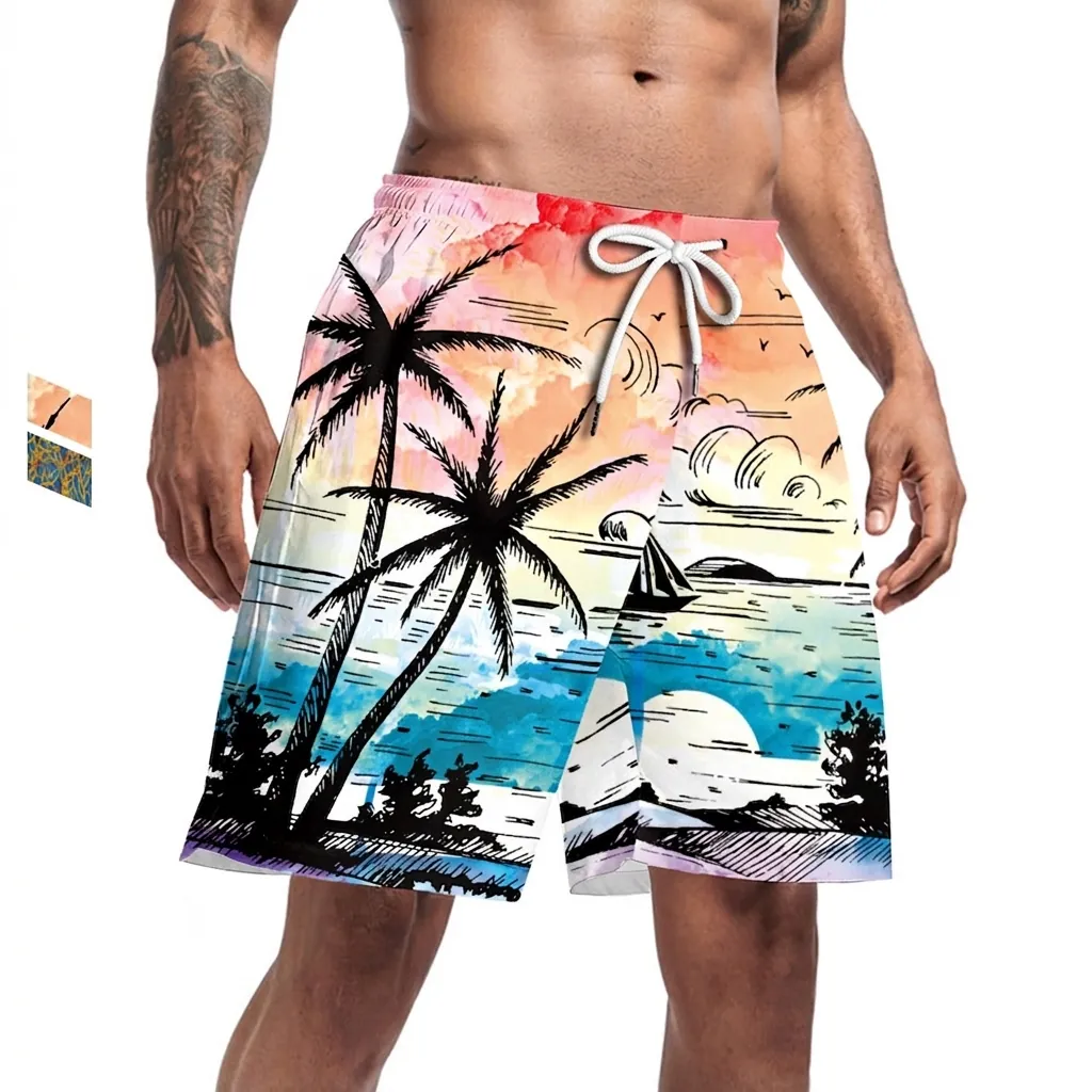 Men's Quick Dry Beach Shorts Digital Print Tropical Sunset Underwater World Pattern Elastic Waist Drawstring Holiday Swim Trunks