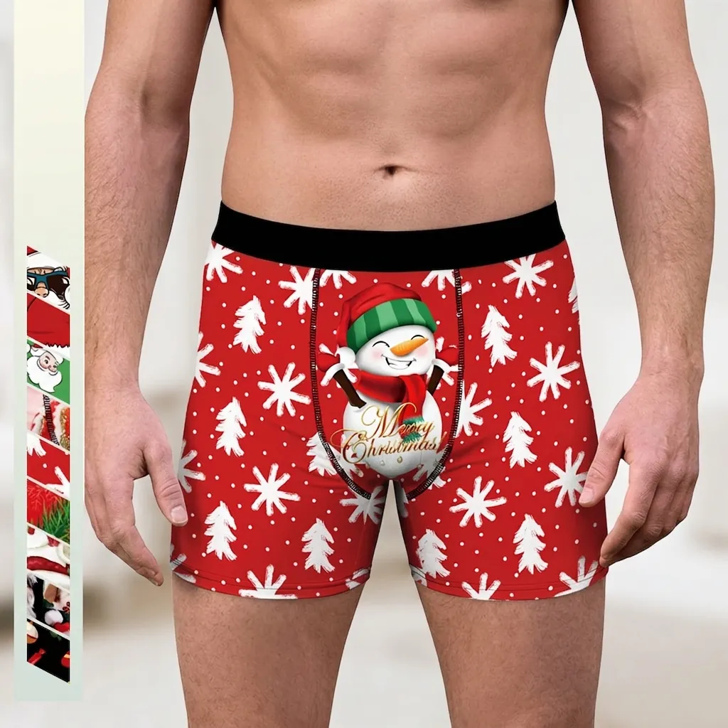 Men's Christmas Boxer Briefs Polyester Blend Holiday Underwear Snowman Santa Pattern Breathable Mid Rise Festive Trunks