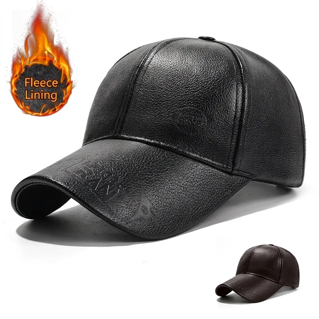 Warm Winter PU Leather Baseball Cap For Men Women Fleece Lined Litchi Pattern Embossed Letter Outdoor Adjustable Hat