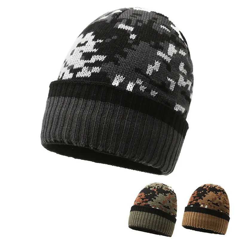 Winter Warm Knitted Beanie Hat Men Pixel Camo Windproof Outdoor Cycling Acrylic Blend Pullover Cap For Cold Weather