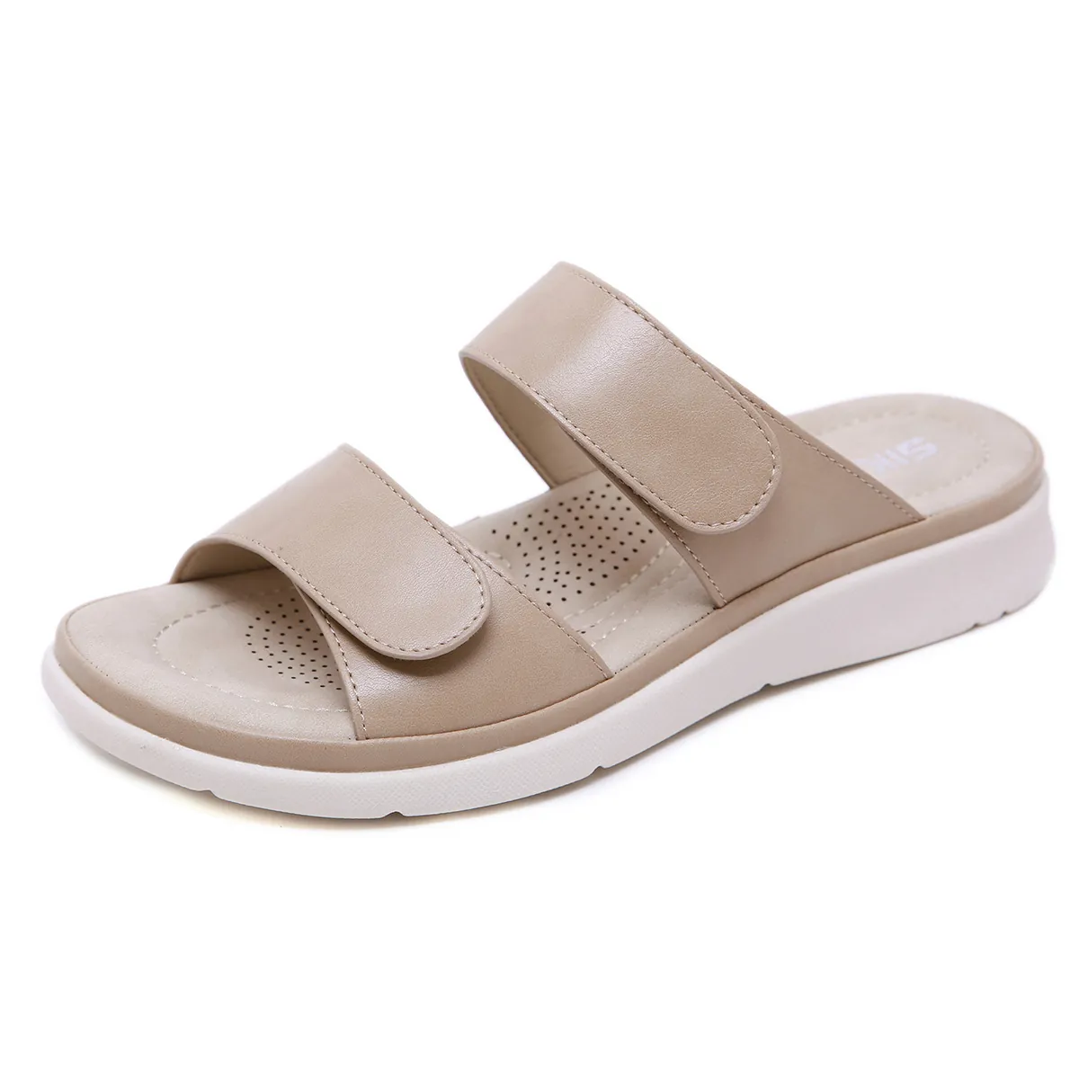 Sandales Compensées pour Femmes en Cuir PU Double Bride Bande Auto-agrippante Mules Décontractées Plage Vacances Massage Confort Chaussons à Plateforme
