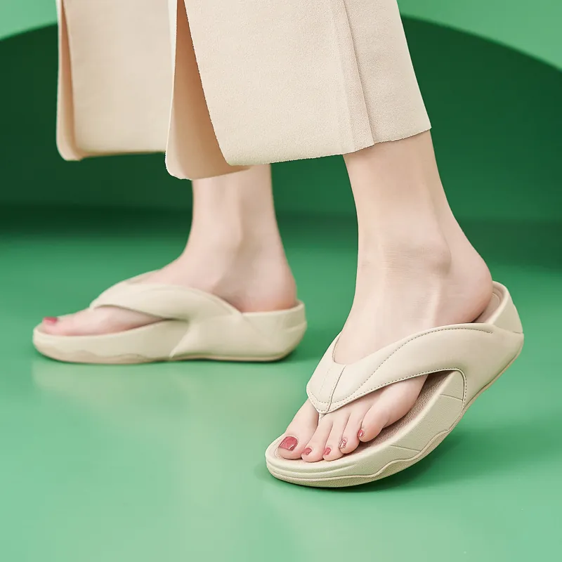 Damen Plateau Zehentrenner Sandalen Lässige Baumwolle PU Keilabsatz Flip Flops Höhenvergrößerung Sommer Strand Modeschuhe