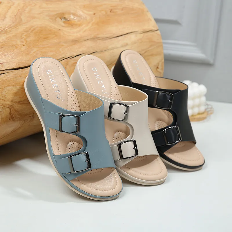Sandalias de Cuña Casuales para Mujer Ligeras Minimalistas con Hebilla Doble de Metal Mules de Punta Abierta Zapatos de Caminar Cómodos para Playa