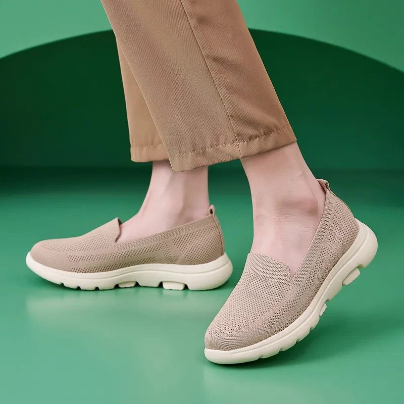 Damen Casual Slip-on Wanderschuhe Atmungsaktives Strickgewebe Obermaterial Dicke Sohle Rutschfeste Leichte Loafers Alltag