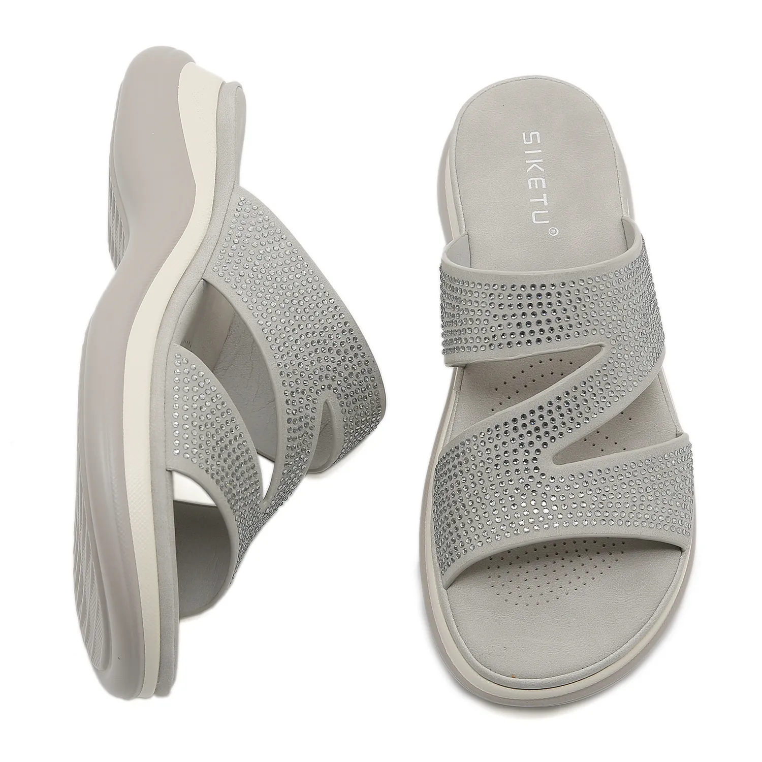 Women Rhinestone Wedge Slippers Platform PU Leather Cross Straps Open Toe Casual Beach Slides Height Increasing Summer Sandals Shoes