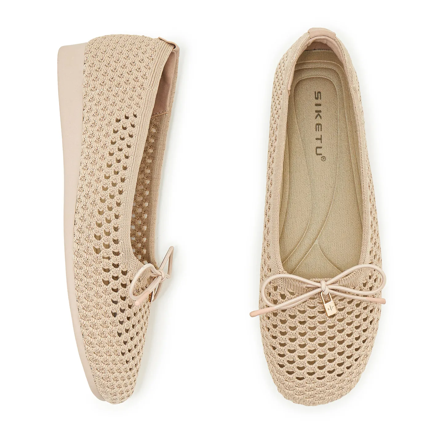 Women Bow Hollow Flyknit Flat Shoes Breathable Lightweight Slip On Ballet Flats Comfy Rubber Sole Low Heel Walking Shoes For Summer