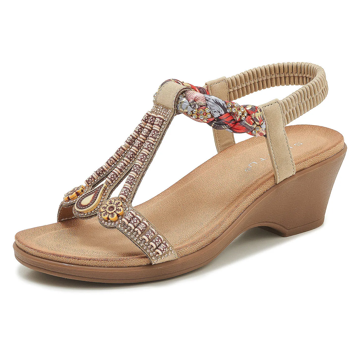 Sandales Compensées Bohème Pour Femmes T-Strap Perles Tournesol Strass Chaussures de Plage Décontractées Bride Élastique Cuir PU Semelle TPR