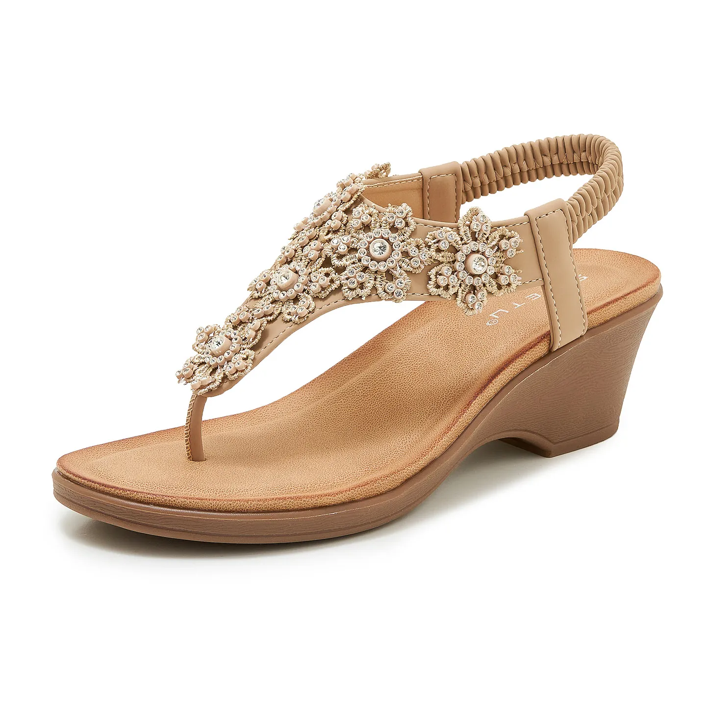 Women's Bohemian Wedge Sandals Rhinestone Flower T-Strap Flip Flop PU Leather Elastic Back Strap Casual Summer Beach Shoes