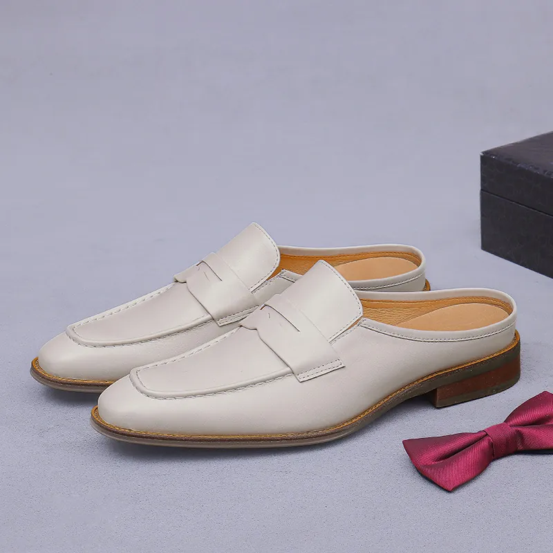 Handmade Genuine Cowhide Leather Loafer Mules For Men Casual Business Closed Toe Slip On Slippers Off White Gentleman Shoes