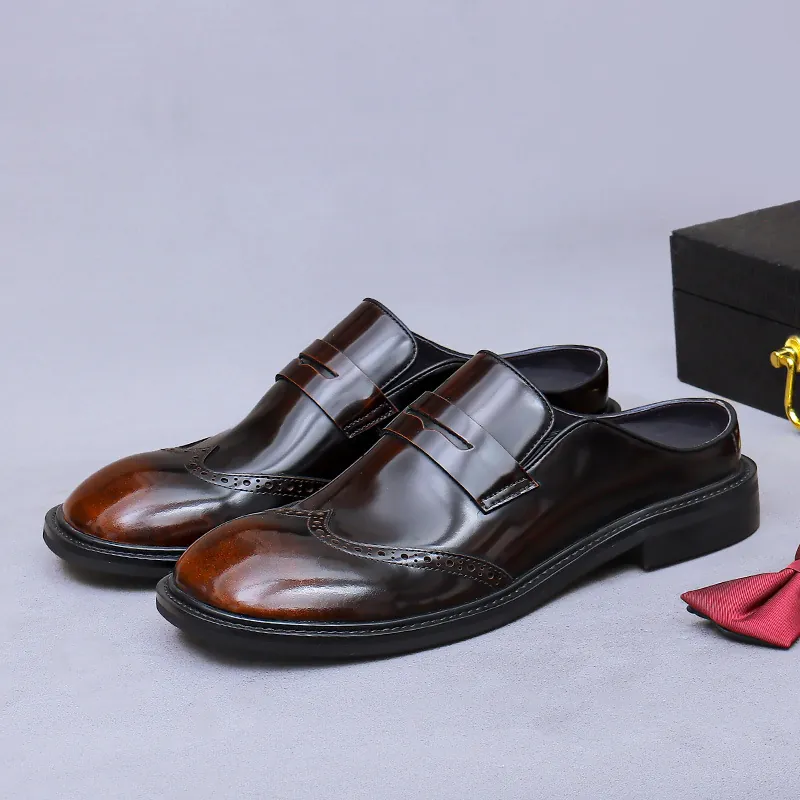 Mules da Uomo in Vera Pelle di Vacchetta Senza Tallone Brogue Wingtip Slip On Scarpe Casual Business Gentleman per Uomo