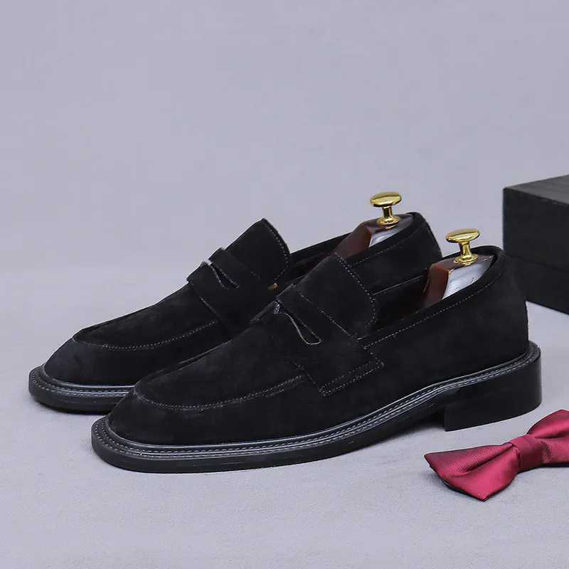 Men's Cow Suede Leather Loafers Slip-on Round Toe British Style Casual Business Dress Shoes Breathable Moccasins With Rubber Sole