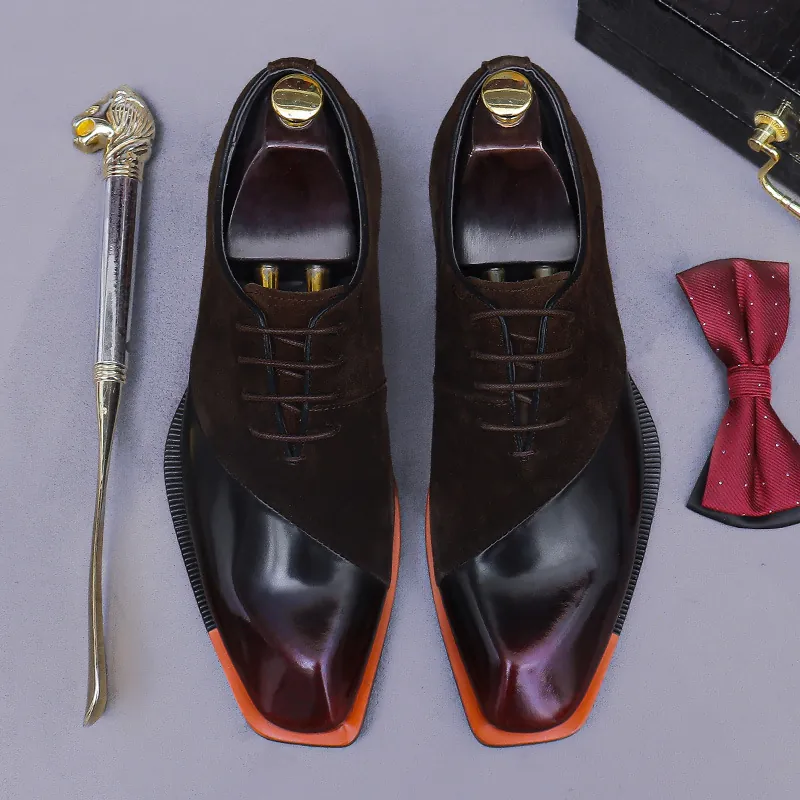 Zapatos de Vestir de Cuero Genuino para Hombre Empalme Gamuza Pulido Degradado Punta Cuadrada Con Cordones Zapatos Formales para Boda Oficina