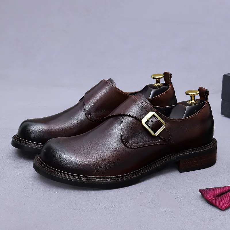 Souliers à Boucle Monk pour Hommes en Cuir de Vachette Véritable Formel d'Affaires Bout Rond Ciré à la Main pour Mariage Bureau