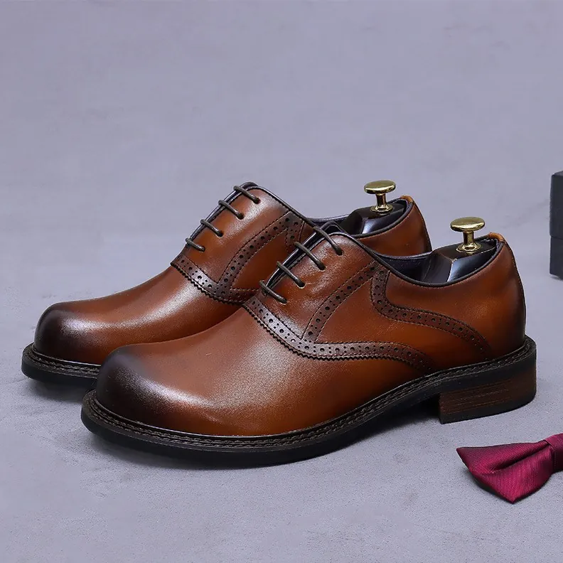 Men's British Brogue Business Formal Leather Shoes Cowhide Burnished Round Toe Lace Up Oxford Dress Shoes For Wedding Office