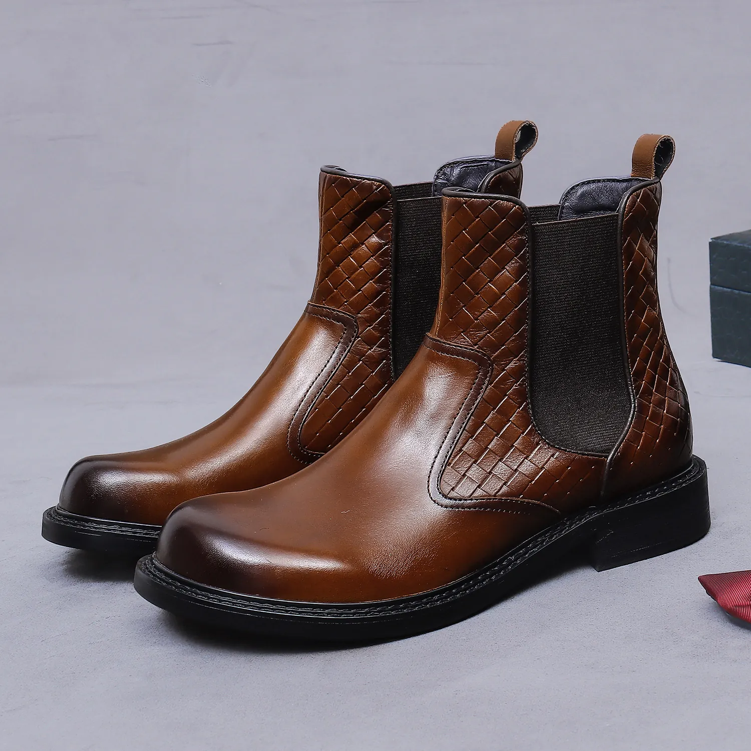 Stivali Chelsea Business da Uomo in Vera Pelle di Vacchetta Punta Tonda Intrecciati Casual Inglesi Invernali