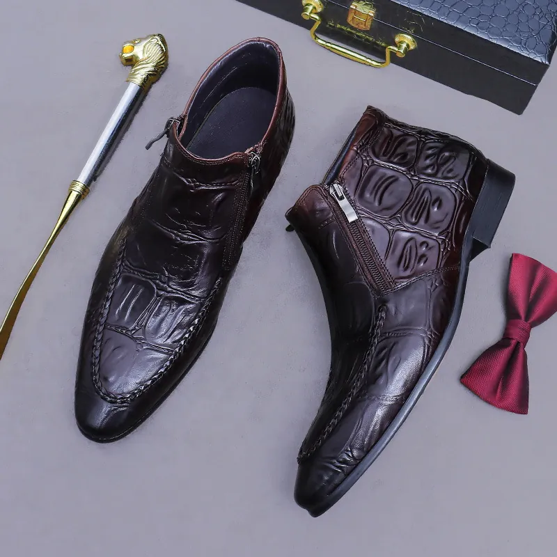 Men's Genuine Leather Boots Crocodile Embossed Pointed Toe Double Side Zipper Business Dress Ankle Boots British Style
