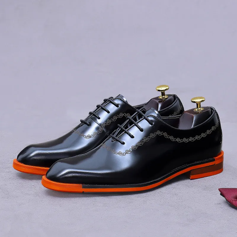 Chaussures de Ville pour Hommes en Cuir de Vachette Véritable Poli Oxford Mariage Marié Semelle Orange Contrastée Chaussures de Bureau Professionnelles