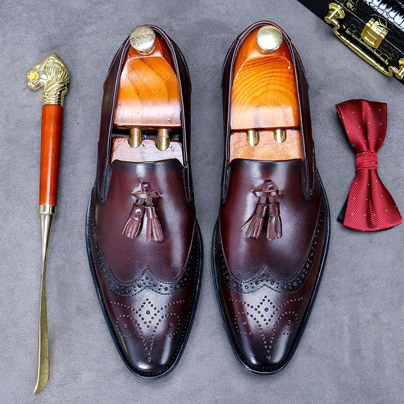 Men's Tassel Loafers Genuine Leather Brogue Dress Shoes Wingtip Carving Business Formal Slip-On Gentleman Loafers Shoes