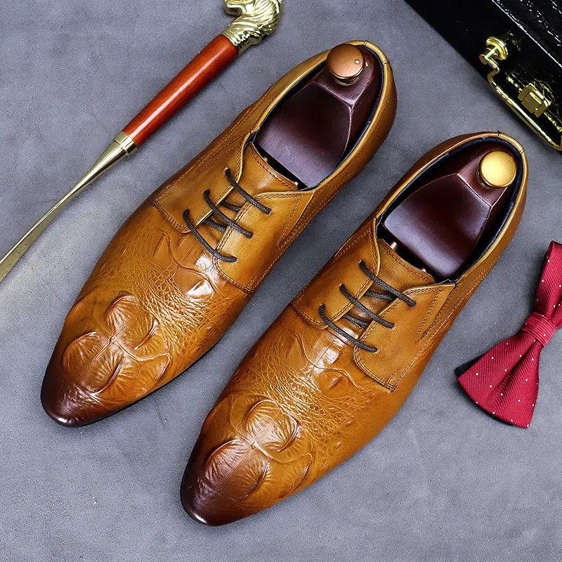 Chaussures Derby Homme Affaires Formelles Gaufré Crocodile Vintage Bout Pointu Cuir de Vachette Lacets
