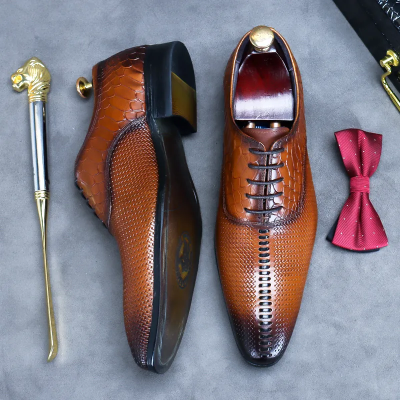 Men's Genuine Cowhide Leather Business Formal Shoes Snake Pattern Woven Texture Pointed Toe Oxford Derby Shoes British Vintage Style Dress Shoes For Wedding Office Party