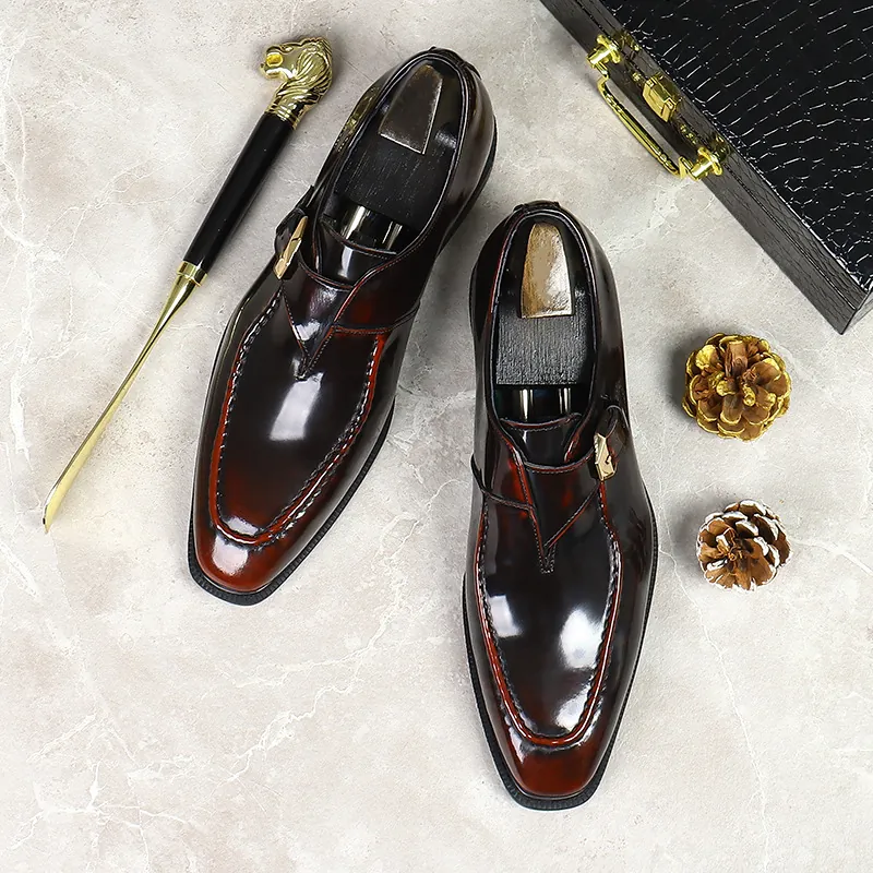 Men's Business Monk Strap Leather Shoes Glossy Cowhide Formal Dress Shoes With Gold Buckle Vintage Burnished Shoes Office
