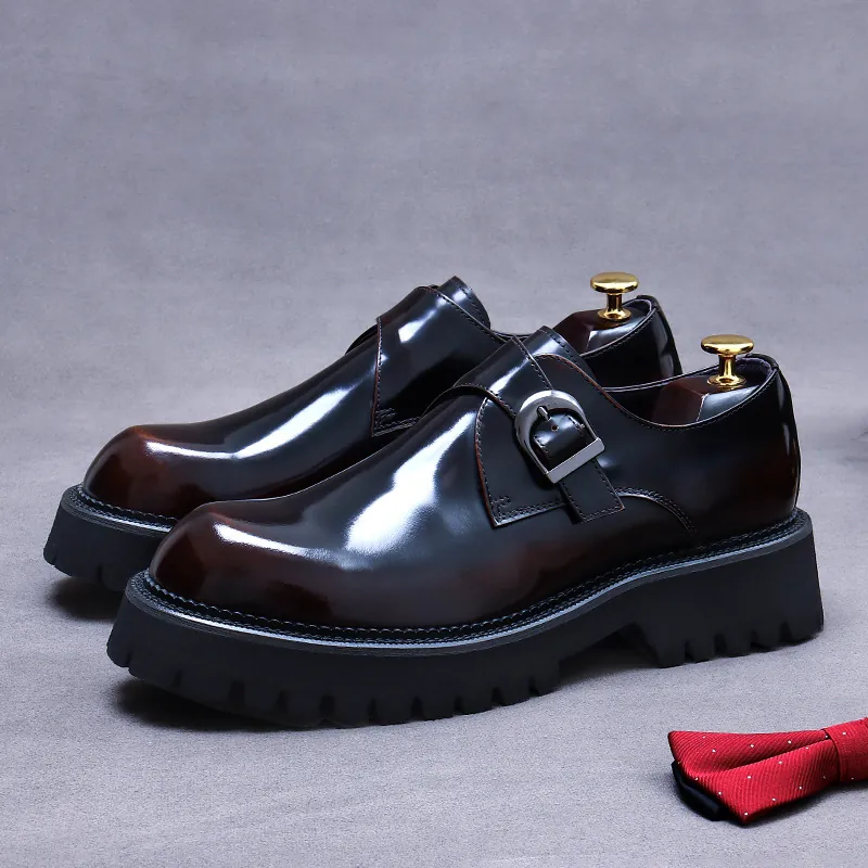 Men Business Formal Genuine Leather Monk Strap Shoes Polished Patent Finish Platform British Gentleman Dress Shoes For Wedding Office