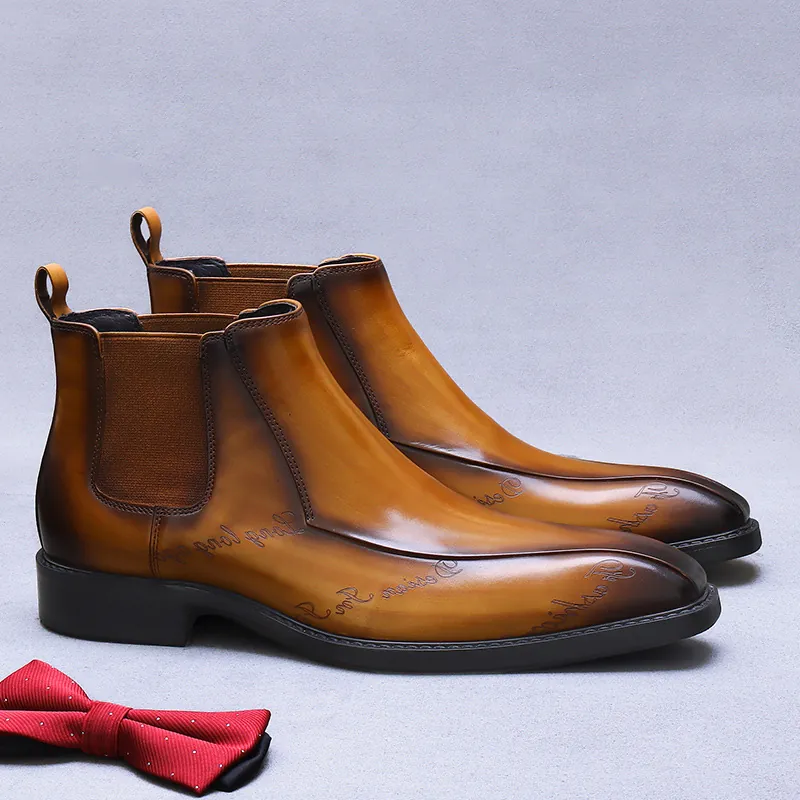 Boots Chelsea Homme en Cuir de Vachette Véritable Vintage Patiné à la Main Style Affaires Britanniques Chaussures Habillées Avec Motif Gaufré