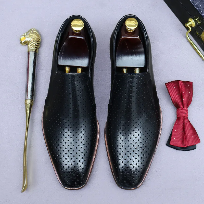 Men Genuine Cowhide Leather Perforated Loafers Business Casual Slip On Breathable Hollow Out Gentleman Formal Dress Shoes