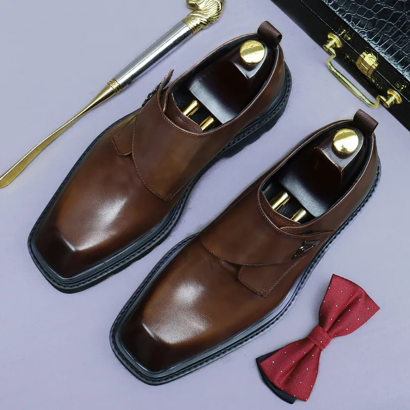 Scarpe Business da Uomo in Pelle Bovina Monk Strap Punta Quadrata Rialzo Altezza Scarpe Stringate Formali per Matrimonio Suola Chunky