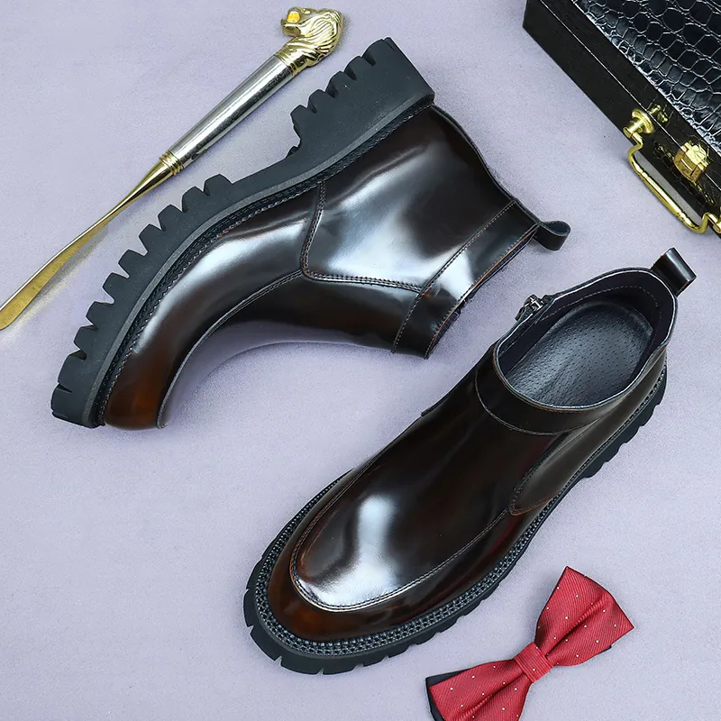 Men's Professional Top Grain Cowhide Leather Martin Boots Side Zipper Thick Sole Platform Business Casual British Shoes
