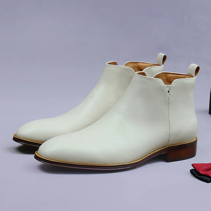 Men's Business Gentleman Genuine Cowhide Leather Chelsea Boots Beige Mid Top Martin Boots With Side Zipper Casual Dress Shoes