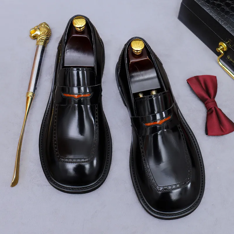 Mocasines Penny de Cuero de Vaca de Primera Capa para Hombre Charol Brillante Zapatos de Vestir Formales de Negocios Con Detalles Brogue Punta Redonda Boda Oficina