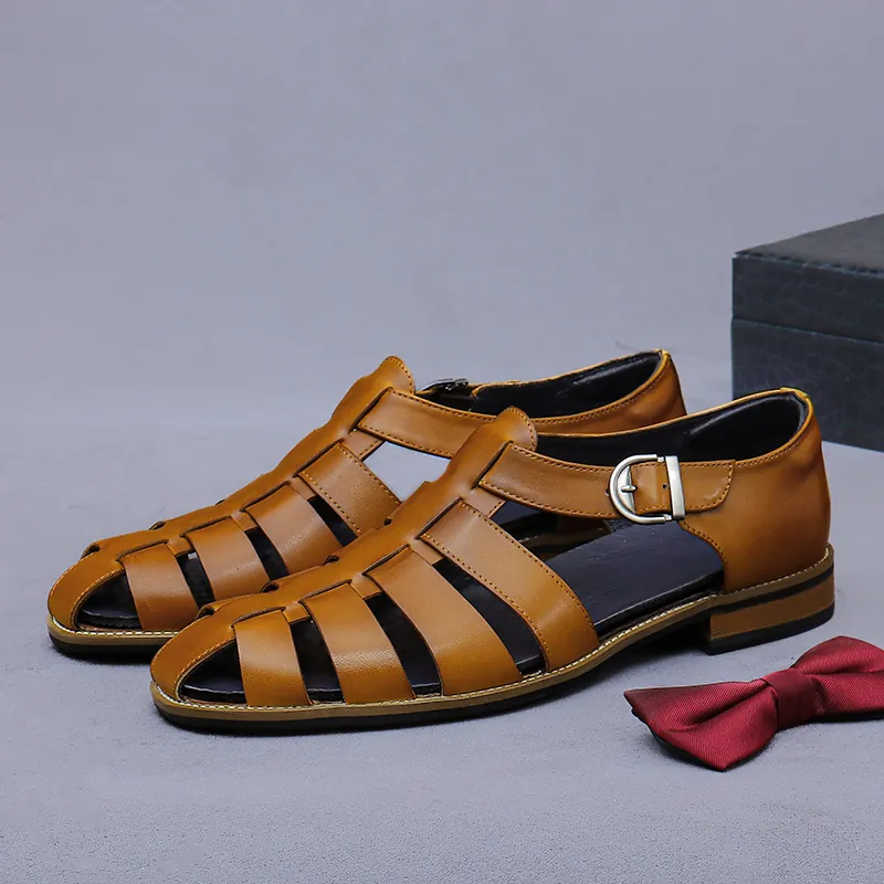 Men Retro Cowhide Leather Fisherman Sandals Closed Toe Woven Buckle Business Casual Dress Shoes For Men Summer Sandals