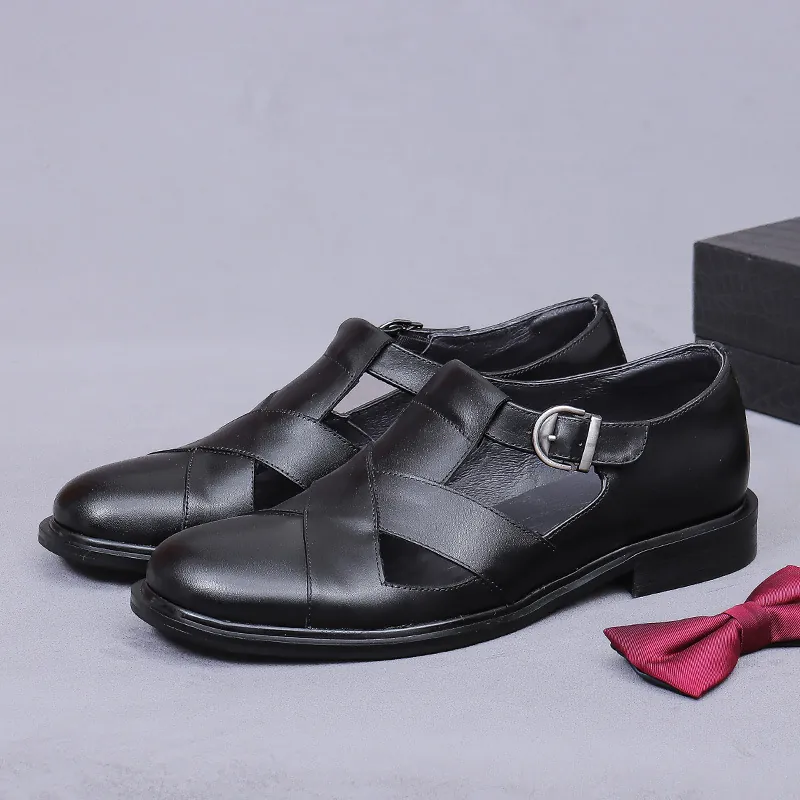 Sandalias de Hombre de Cuero de Vaca de Negocios Punta Cerrada Correa Cruzada Hebilla Transpirable Antideslizante Zapatos de Vestir Casual Oficina