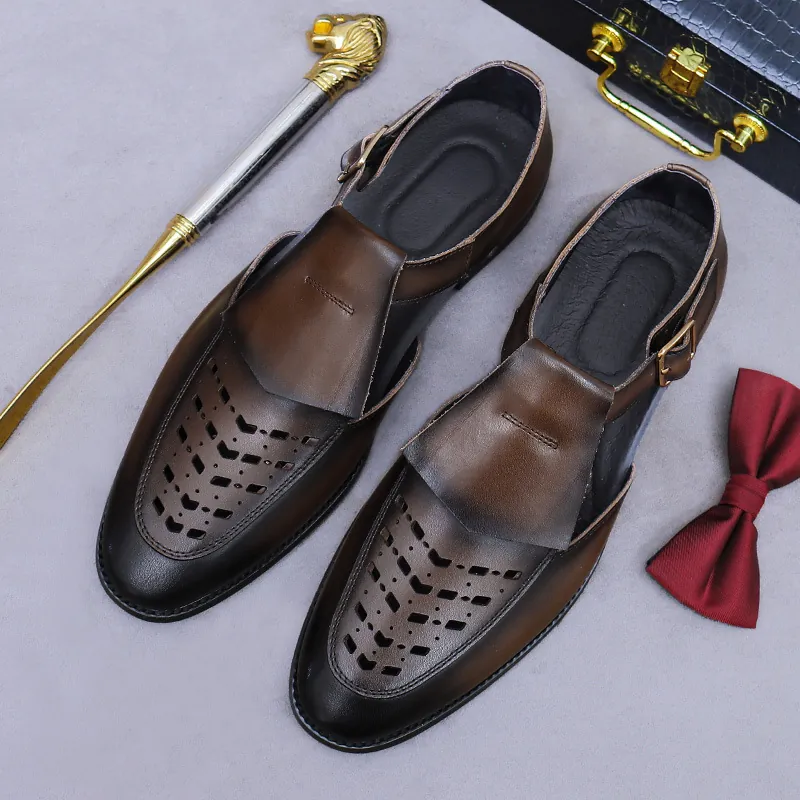 Genuine Leather Men Hollow Out Sandals Business Casual Perforated Cowhide Dress Shoes With Buckle British Style Footwear