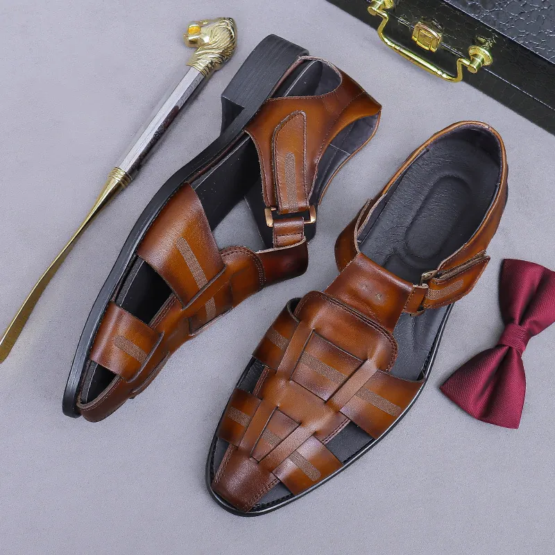 Herren Oberste Schicht Rindsleder Sandalen Gewebt Geschlossene Zehenpartie Business Casual Schuhe Mit Schnalle Atmungsaktiv Retro