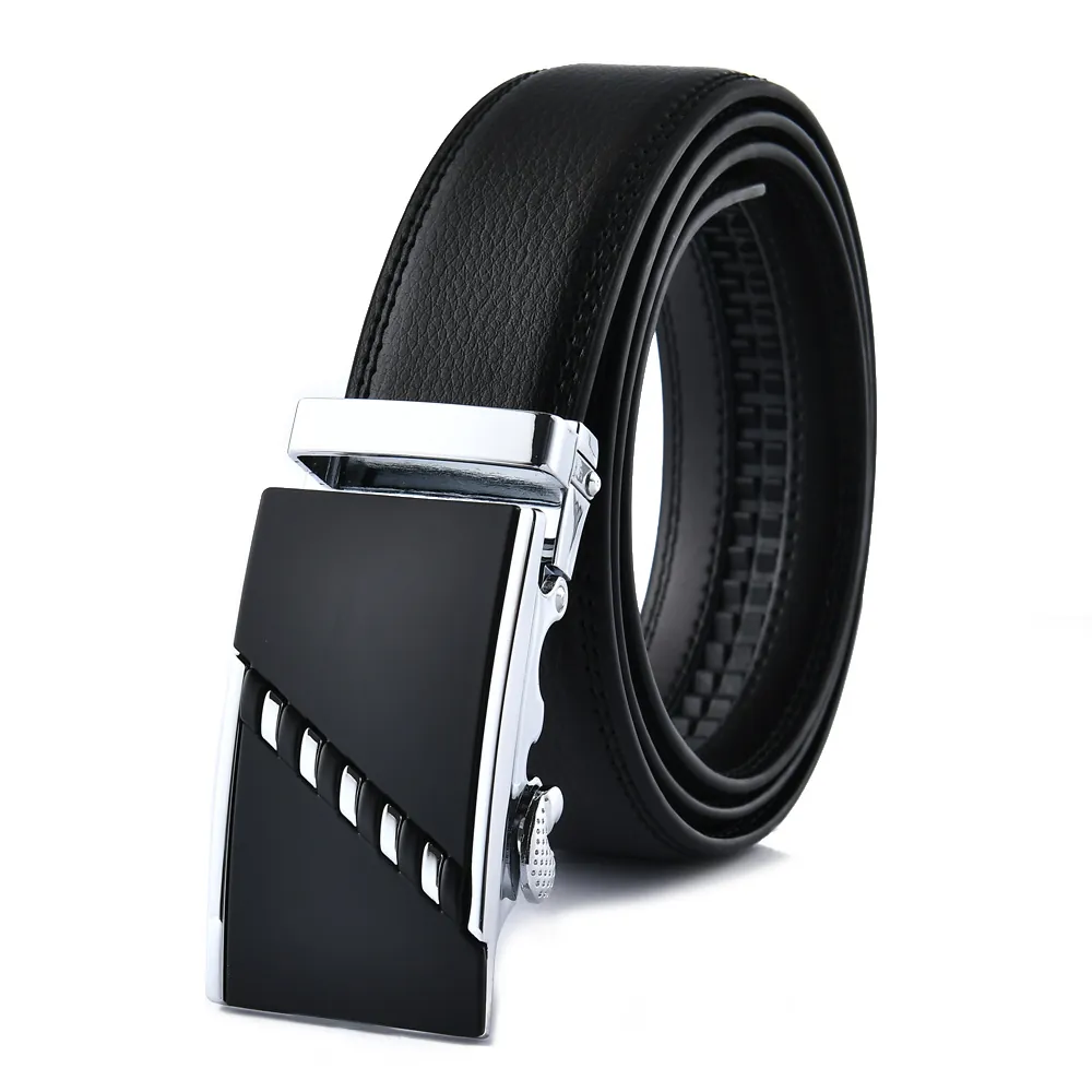 Men Genuine Leather Belt With Alloy Automatic Buckle Geometric Stripe Rectangular Buckle Business Casual Waist Strap