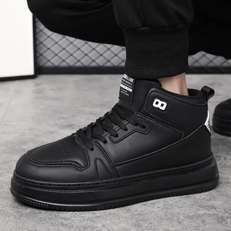 Men High Top Sneakers Winter Warm Fleece Lined Microfiber Leather Casual Board Shoes Thick Bottom Non Slip Streetwear Sports Shoes
