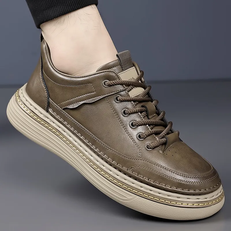 Men's Fashion Casual Microfiber Leather Board Shoes British Style Lightweight Wear Resistant Thick Sole Lace Up Sneakers