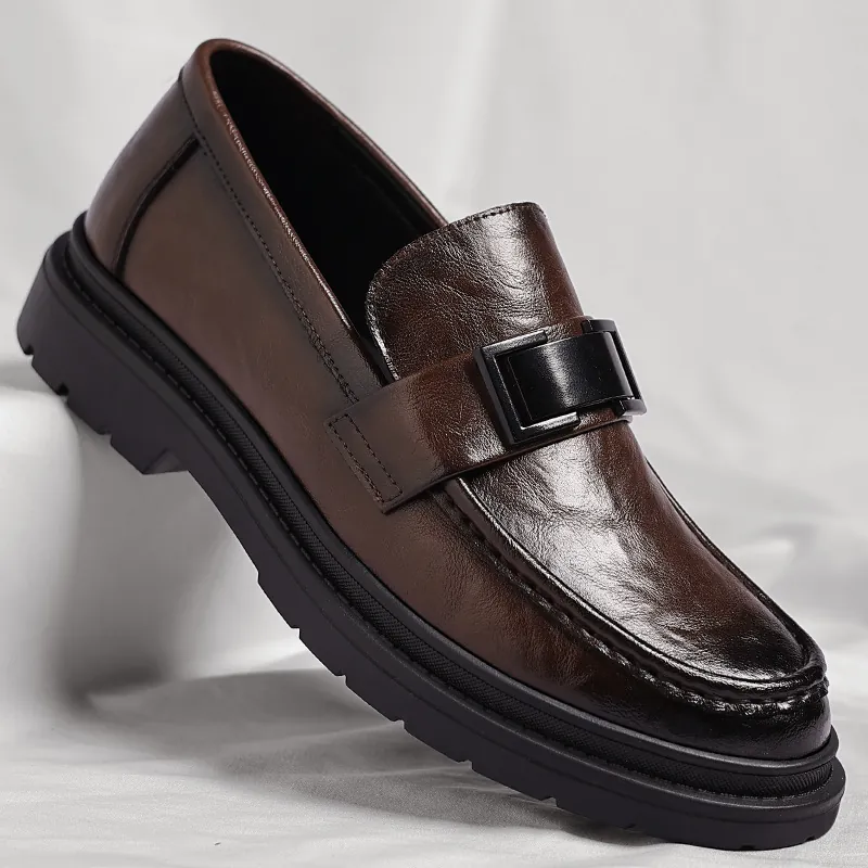 Men's Vintage Microfiber Leather Loafers British Style Business Casual Slip-on Shoes With Thick Rubber Sole Round Toe Low Heel