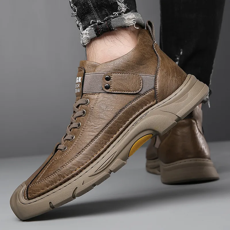 Herren Casual Rindleder Stiefel Outdoor Rutschfest Wanderschuhe Mit Warmem Fleecefutter Mid Top Schnürung Mode Schuhwerk