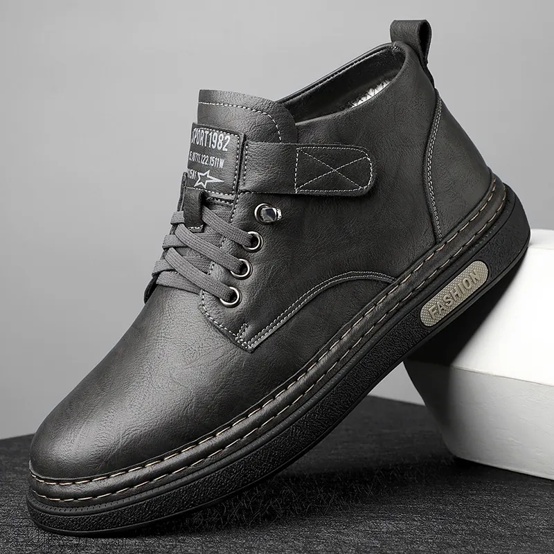 Men's Winter Warm Martin Boots Vintage British Style Work Leather Boots Fleece Lined Non-Slip Thick Sole Casual High Top Shoes