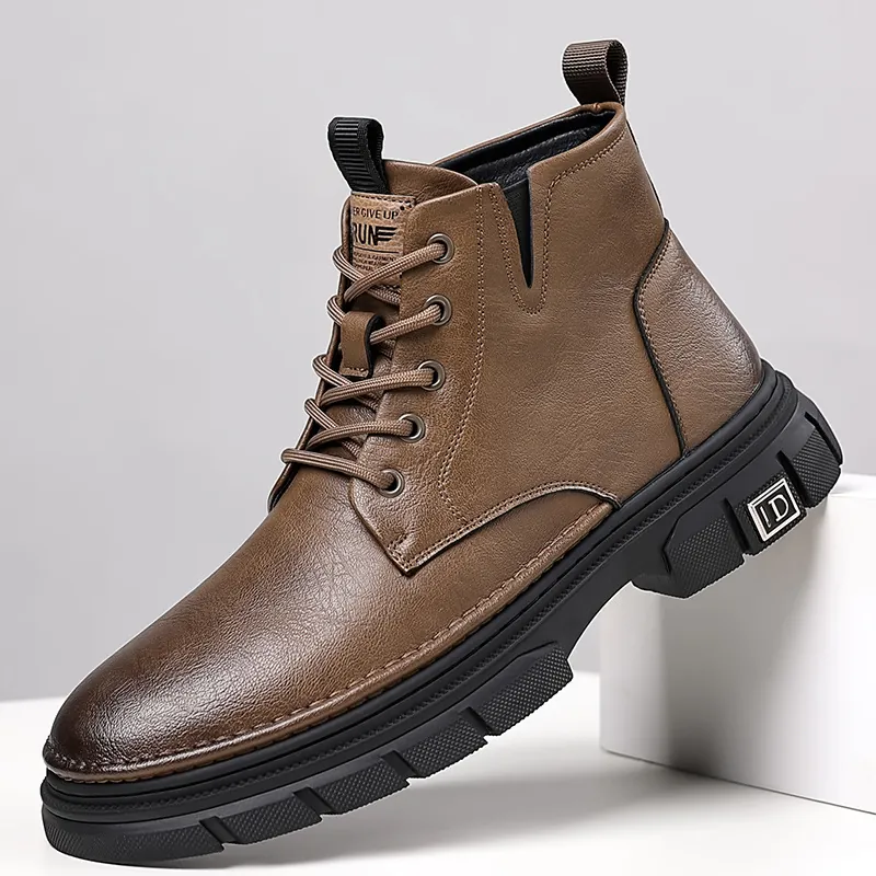 Men's British Style Martin Boots Winter Warm Plus Velvet Mid Top Work Boots Non-Slip Rubber Sole Split Leather Shoes