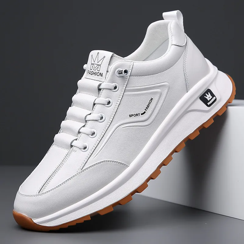 Men's Casual Leather Sneakers Non-slip Thick Sole Breathable Slip-on Walking Shoes White Fashion Sports Board Shoes