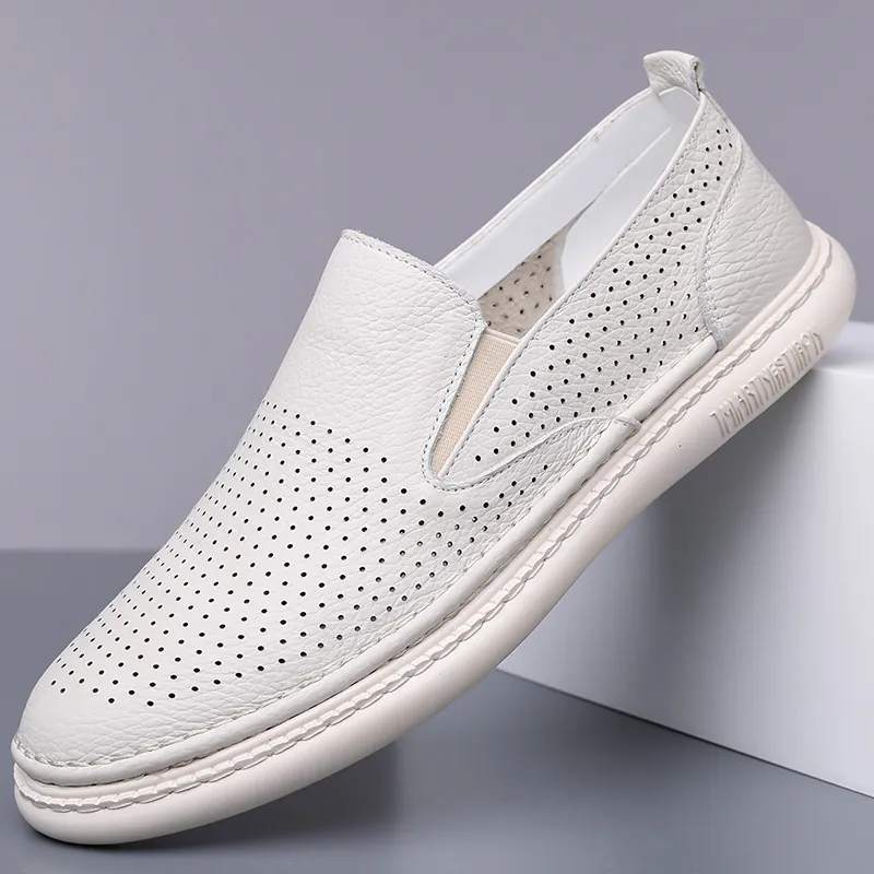 Men's Casual Leather Loafers Slip On Driving Shoes Litchi Grain Cowhide Breathable Soft Sole Non Slip Business Flat Footwear