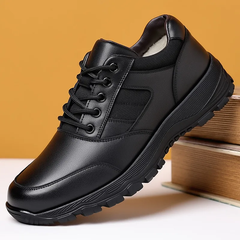 Herren Casual Rinderspaltleder Schuhe Schwarz Dicke Sohle Rutschfest Warm Fleece Gefüttert Winter Arbeitsschuhe Zum Schnüren Herrenschuhe