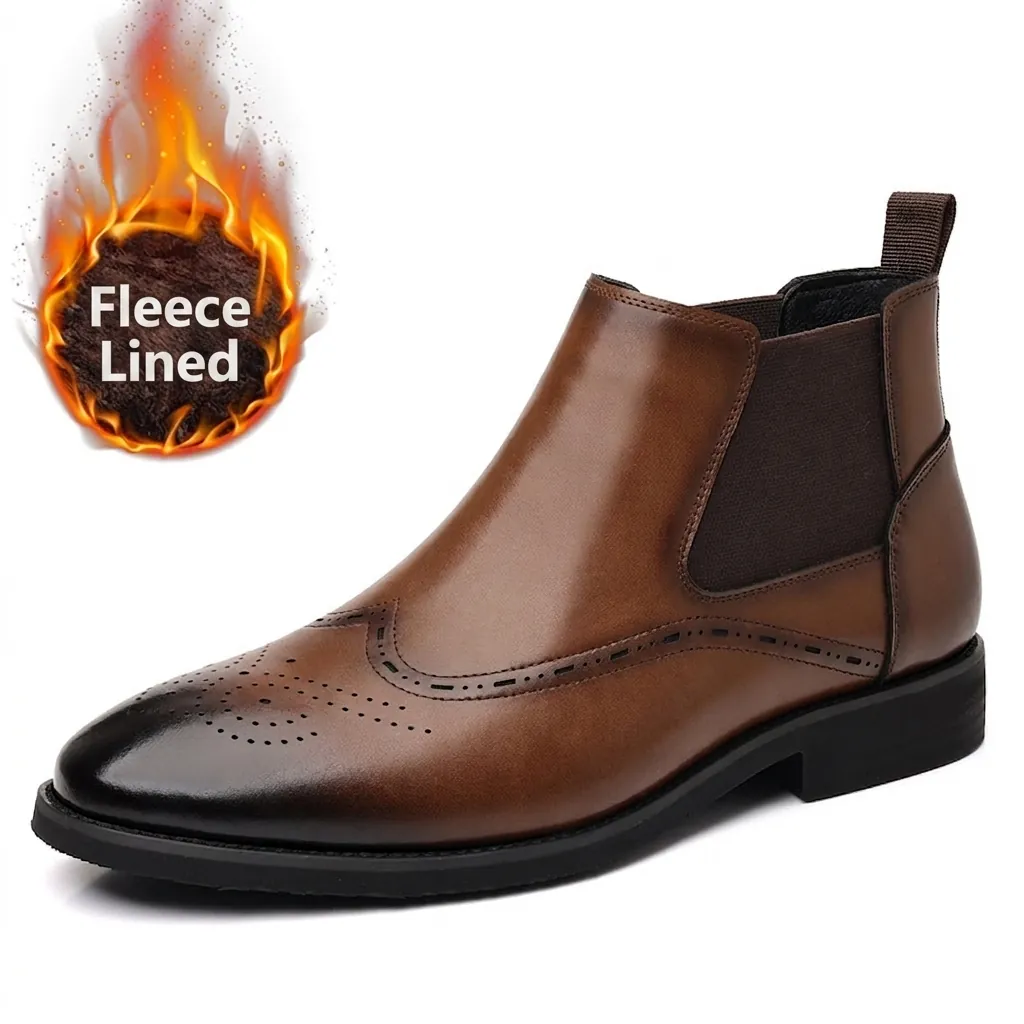 Stivali Chelsea Retro da Uomo in Stile Britannico con Traforatura Brogue Foderati in Pile Stivaletti Invernali in Pelle