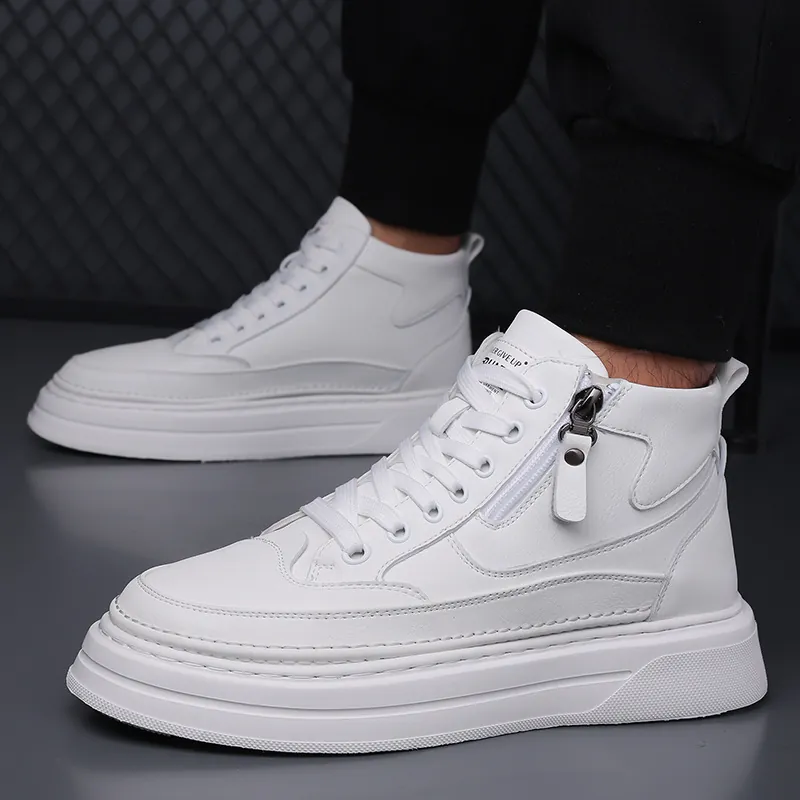 Sneakers Casual High-Top da Uomo Cerniera Laterale Suola Spessa Foderata in Pile Scarpe Invernali Calde Scarpe da Skate Nere Bianche