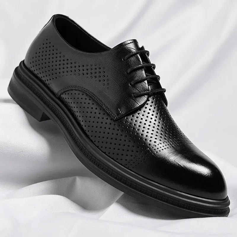 Men's Business Formal Leather Shoes Breathable Hollow Out Derby Shoes British Style Height Increasing Wedding Dress Shoes For Men